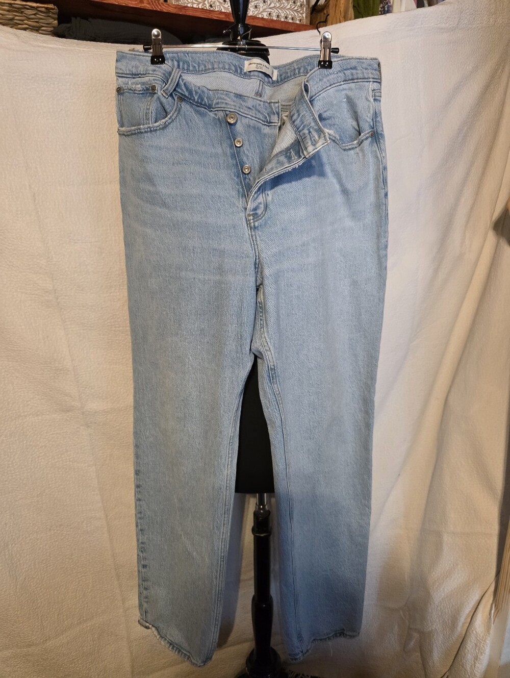 Abercrombie & Fitch Light Blue Straight-Leg Asymmetrical Jeans with Button-Fly